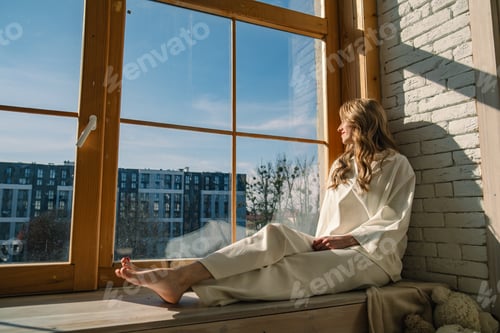 A woman sitting peacefully by a sunlit window